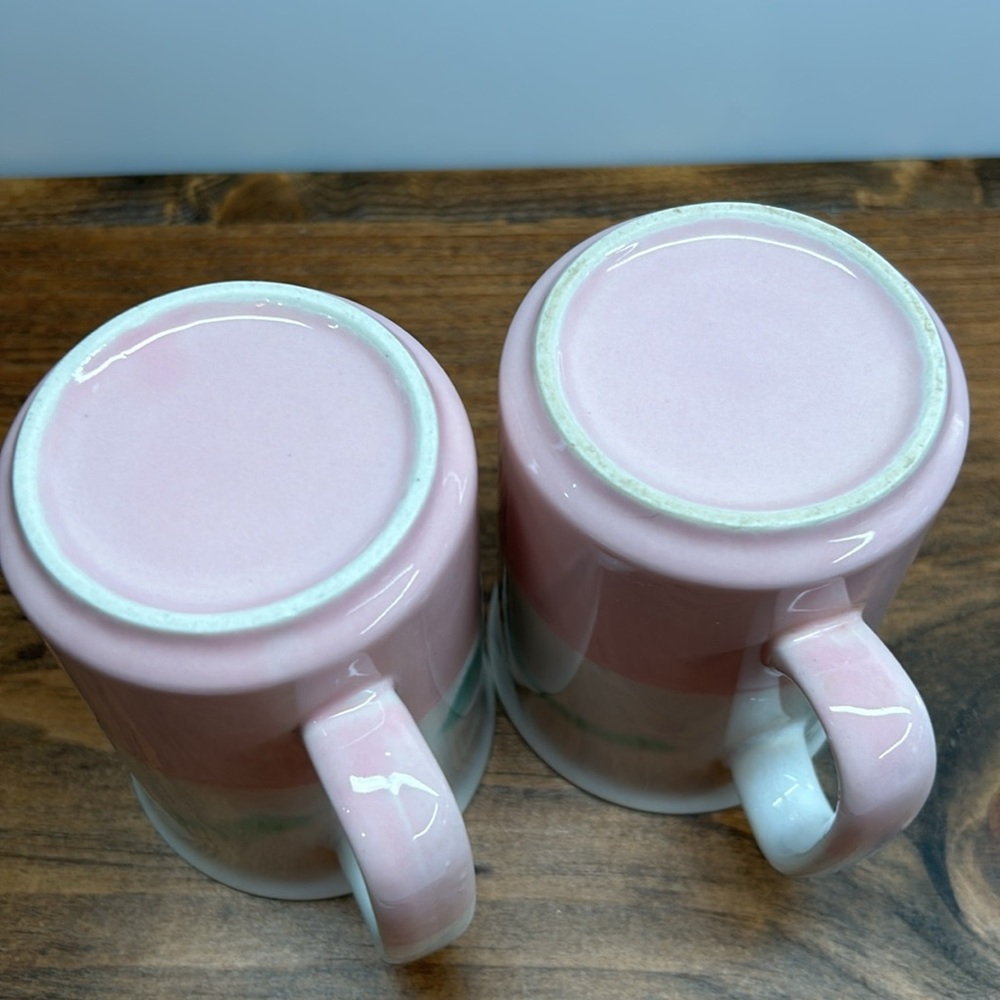 Vintage 80’s Stoneware Mugs Set Of Two Pink Mint Green & Cream In Colour - Picture 5 of 11